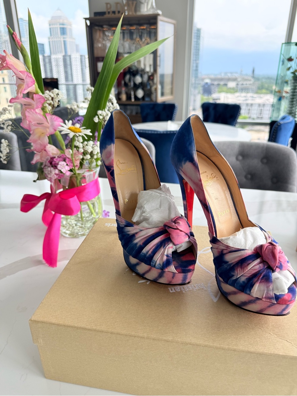Christian Louboutin Blue and Pink Tie-Dye Knot Peep-Toe Pumps